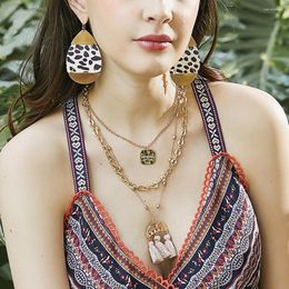 Necklace Earrings Set Fashion Square Tag Tassel Multi-layer Leopard Water Drop Jewelry