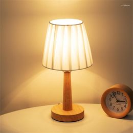 Table Lamps Wooden Decorative LED Lamp Bedroom Bedside Desk USB Power Remote Control Dimmable Night Light Linen Shade Decor