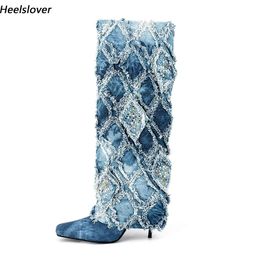 Heelslover Handmade Women Winter Knee Boots Denim Stiletto Heels Square Toe Elegant Blue Catwalk Shoes Ladies US Size 5-13