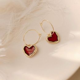 Hoop Earrings Minar Sweet Burgundy Enamel Love Heart For Women Gold Colour Hooks Alloy Drop Dangle Vintage Jewellery