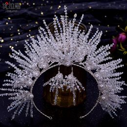 Festive Wedding Tiara Earrings Set Full Pearls Baroque Bridal Headwear Crown Rhinestone with Wedding Jewellery Hair Accessories Crowns Headpieces HP399
