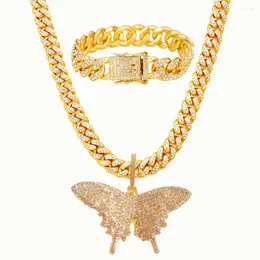 Chains Big Size Butterfly Pendants Charm Bracelet 12mm Miami Curb Cuban Chain Hip Hop Necklace Rapper Men Women Jewellery Gold