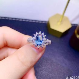 Cluster Rings 925 Pure Silver Chinese Style Natural Swiss Blue Topaz Women's Luxury Vintage Plain Adjustable Gem Ring Fine Jewellery