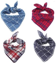 Dog Apparel Bandanas Pet Reversible Scarfs Square Kerchiefs Adjustable Plaid Cotton Linen Cloth For