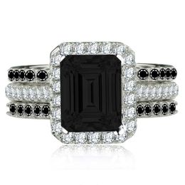 3pcs Wedding Rings Vintage Fashion Jewellery Sterling Sier Emerald Cut Black Sapphire Cz Diamond Gemstones Women Engagement Band Ring