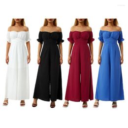 Casual Dresses Women Fashion Summer Jumpsuit Solid Colour Puff Short Sleeve V-neck Loose Wide Leg Clubwear