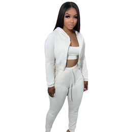 New Fall Winter 3 Pieces Sets Women Tracksuits Long Sleeve Sweatsuits Casual Hooded Jacket Tank Top Pants Matching Sets Casual Sports Suits Sportswear 8482