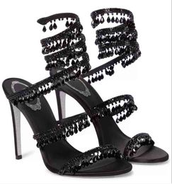 Luxury design sandal lady high heels Renes-C Women dress shoes Chandelier embellished leather sandals BLACK SANDAL HEEL wedding party 35-43