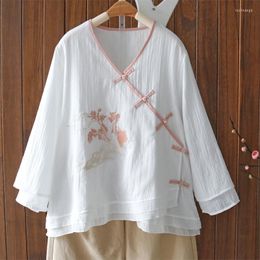 Women's Blouses Literary Autumn Women Oblique Button Embroidery Shirt Elegant White Pink V Neck Double Layer Cotton Linen Tops And 2022