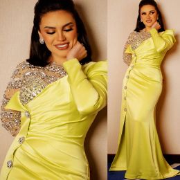 2023 Yellow Prom Dresses Mermaid Long Sleeves Satin Crystals Beaded Side Slit Custom Made Ruched Evening Party Gowns vestidos Formal Occasion Wear