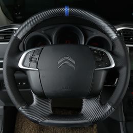 for Citroen C4 2011-2015 DS4 Hand-stitched black carbon fibre Leather Car Steering Wheel Cover