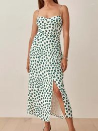 Casual Dresses 2022 Retro French White Green Dot Leopard Print Bandage Lacing Up Spaghetti Strap Dress Women Cross Hem Slit Sling Robe