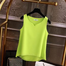 Women's Blouses 2022 Sleeveless Chiffon Blouse Women Summer Solid V-neck Casual Loose Shirt Plus Size S-5XL Ladies Tops