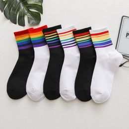 Men's Socks 3 Pairs/Pack Unisex Stripes Mid Men Harajuku Colorful Funny Winter 100 Cotton Kawaii Rainbow Color Size 35-42