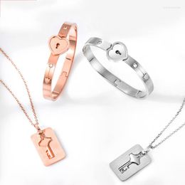 Necklace Earrings Set Fashion Love Heart Lock Lovers' Stainless Steel Bracelets Bangles Key Pendant Couples For Gift