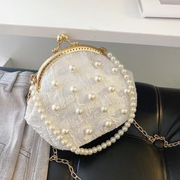 Evening Bags 2022 Women's Handbag Pearl Beads Silk Blue White Small Round Bag Fashion Fine Metal Chain Ladies Shoulder Crossbody