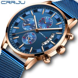 2019 Mens Stylish Watches CRRJU Brand Blue Military Waterproof Sports Watch Men's Casual Mesh Strap Quartz Clock reloj hombre264G