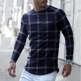 Men's T Shirts Streetwear Autumn T-shirts Winter Casual Large Plaid Print Long Sleeve Pullover Tops Vintage Oversize Round Neck T-shirt