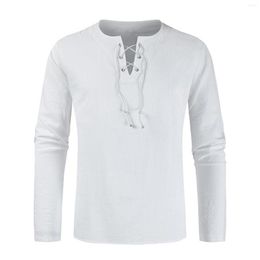 Men's T Shirts T-shirts Man Spring And Autumn Men Solid Colour T-shirt Loose Stand-up Collar Tie Cotton Long-sleeved Shirt Blouse High