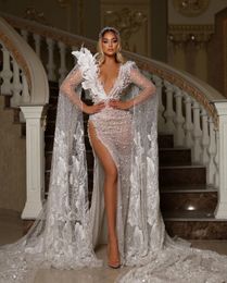 Luxury Evening Dresses Long Sleeves Capes V Neck Hollow Sexy 3D Lace Feather Pearls Appliques Sequins Beaded Floor Length Side Slit Plus Size Prom Gowns Prom Dress