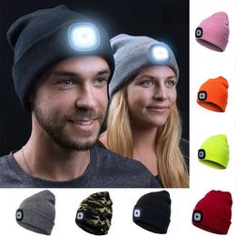 Unisex Outdoor Cycling Hiking LED Light Knitted Hat Winter Elastic Beanie Cap hat with lighting Xmas Gift RRA741