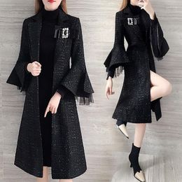 Women's Wool Office Lady Black Tweed Coat Women 2022 Autumn Winter Clothes Korean Slim Fashion Patchwork Woolen Outwear Medium Long Style