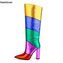 Heelslover Handmade Women Winter Knee Boots Faux Leather Chunky Heels Pointed Toe Gorgeous Multi Party Shoes Ladies US Size 5-13