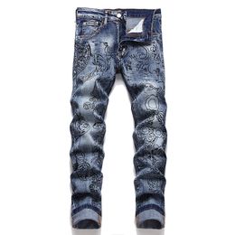 Slim-Fit Stretch-Print Men's Jeans Spring Street Tight Pants Blue Casual Straight Trousers Pantalones Para Hombre Vaqueros