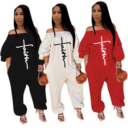 2024 Designer Off Shoulder Jumpsuits Women Sexy Embroidery FAITH One-pieces Lady Rompers Casual Long Sleeve Overalls Bulk Items Wholesale Clothes 8753