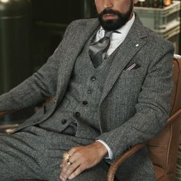 Men's Suits Grey Wool Herringbone Business Men 3 Piece Groomsmen Tuxedo With Notched Lapel Wedding Male Fashon Jacket Vest Pant