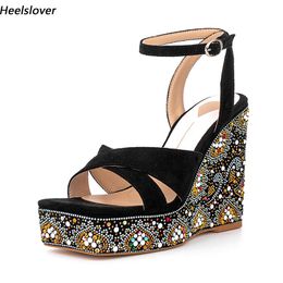 Heelslover Women Summer Sandals Rhinestone Sexy Wedges Heels Square Toe Pretty Black Dress Shoes Ladies US Size 5-13