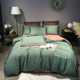 Bedding Sets 2022 Long-staple Cotton Four-piece Bed Linen Stitching Embroidery Plain Color Light Luxury Style Green