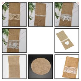 Table Mats Washable Rustic Party Wedding Decoration Birthday Jute Cutlery Pouch Placemat Tableware Supplies Holder Bag