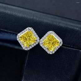 Stud Earrings Real 925 Sterling Silver Classic Square Yellow White Pink Topaz Gemstone For Women Wedding Jewellery