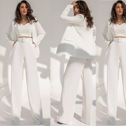 Fritid Vit kvinnor Holiday Duits Loose Wide Leg Mother of the Bride Pants Tuxedos Prom Evening Guest Wedding Wear 2 Pieces
