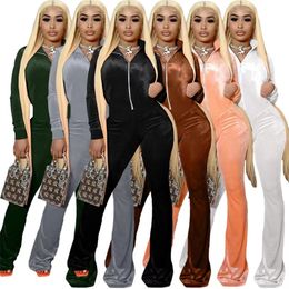 2024 Designer Women Jumpsuits Sexy Velvet Stand Collar Overalls Bodycon Casual Long Sleeve Rompers Flare Pants Wholesale Fall Winter one-pieces outfits 8829