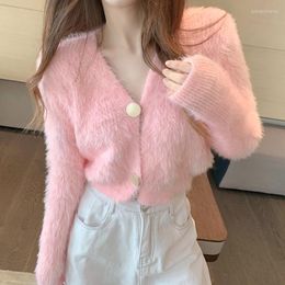 Women's Knits Pink White Crop Mohair Top Soft Knit Cardigan Y2k Sweater Coat Long Sleeve V-Neck Harajuku Women Korean Sweaters