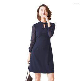 Casual Dresses Fashion Women Office Ladies Work Clothes Party Knee Length OL Styles Navy Blue