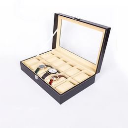 12 Grid Brown Watch Box Watches Display Storage Boxes Bracelet Slots Case holder Jewellery Container gift High Carbon Fibre