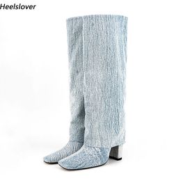Heelslover Fashion Women Winter Knee Boots Chunky Heels Square Toe Elegant Light Blue Prom Shoes Ladies US Size 5-13