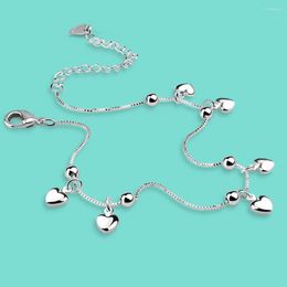 Anklets 925 Sterling Silver Female Anklet Simple Heart-Shaped Pendant Ankle Bracelet Chain Summer Beach Jewelry Gifts