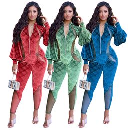 2024 Designer Sexy Women Jumpsuits Retro Mesh Patchwork Velvet One-pieces Rompers See Through Lantern Sleeve Club party Clothes fall winter Overalls Wholesale 8767