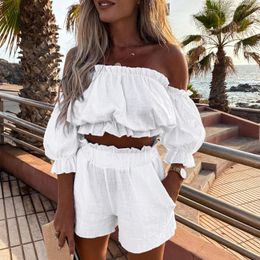Women's Tracksuits Women Summer Fashion Linen Shorts Suit Off Shoulder Blouse Crop Top & 2 Piece Set Ruffles Lantern Sleeve Holiday