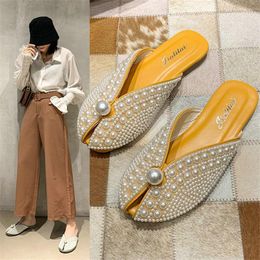 Slippers 2022 Summer Style Pearl Baotou Half Drag Girl Korean Sweet Fairy Flat Sandals And Women
