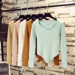 Women's T Shirts Cross Neck Short Sweaters Women Irregular Knitted Sweater Thick Crop Woman Tops