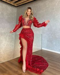 Mermaid Red Prom Long Sleeves V Neck 2 Pieces Appliques Sequins Sparkly Beaded Floor Length Side Slit Lace Hollow Evening Formal Dresses Plus Size Custom Made