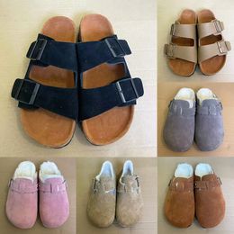 New Germany designer slippers Boston Shearling Suede Soft Arizona Soft Footbed Leather Clogs Slipper Tow-strap Sandals mink Taupe fashion men women slides