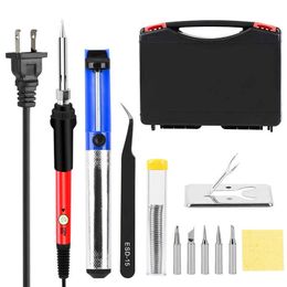 60W adjustable temperature electric soldering iron welding kit with tweezers tin suction tool box 110V/220V