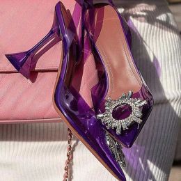 Sapatos Begum vestido de girassol em sandálias de sapatos decorativos designer feminino clássico fivela transparente pvc salto de cristal saltos de bobina isnn