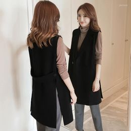 Women's Vests Korean Fashion Split Long Women's Vest Spring Autumn Elegant Black Sleeveless Gilet Jacket Female Cardigan Waistcoat